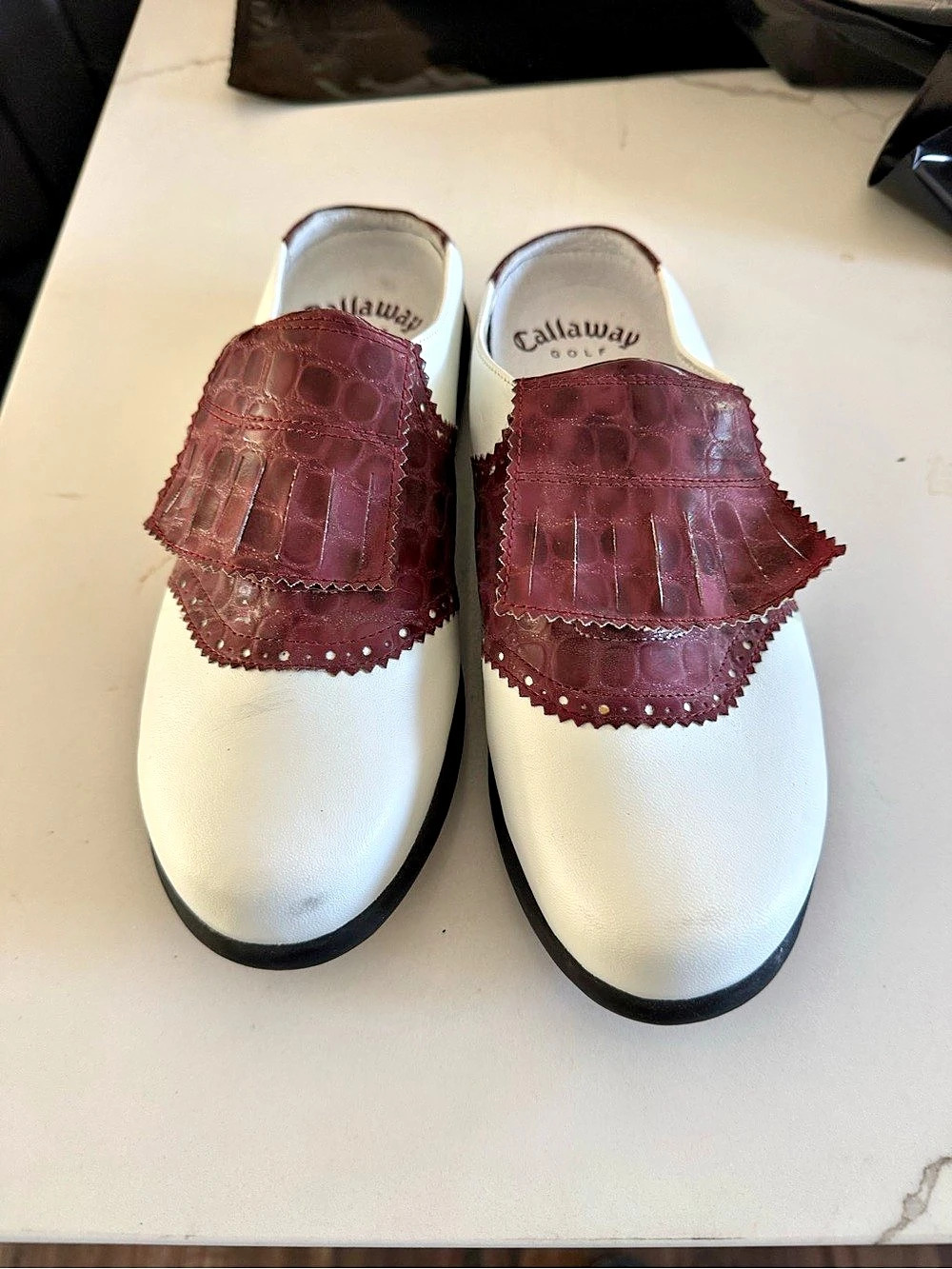 Callaway Leather Slide Mules in White & Burgundy US 8